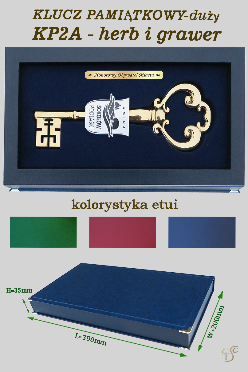 klucz pamiątkowy w etui  z herbem i grawerem , długość klucza - 30cm